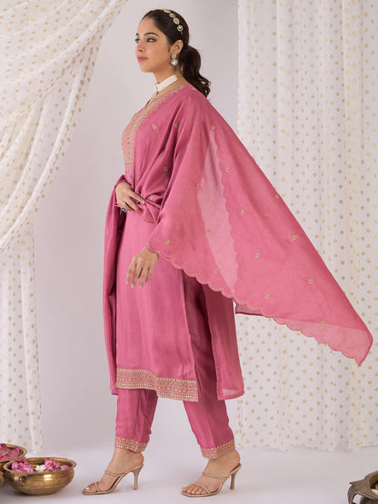 Mauve Embroidered Straight Kurta Trousers With Dupatta Set