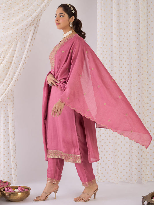 Mauve Embroidered Straight Kurta Trousers With Dupatta Set