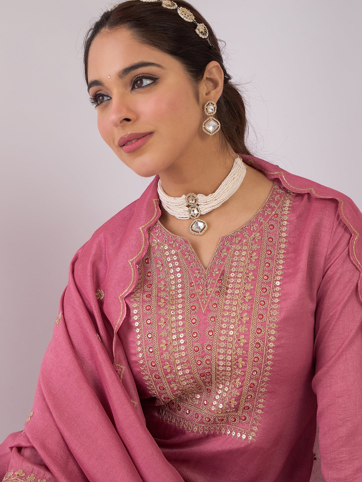 Mauve Embroidered Straight Kurta Trousers With Dupatta Set