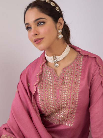 Mauve Embroidered Straight Kurta Trousers With Dupatta Set