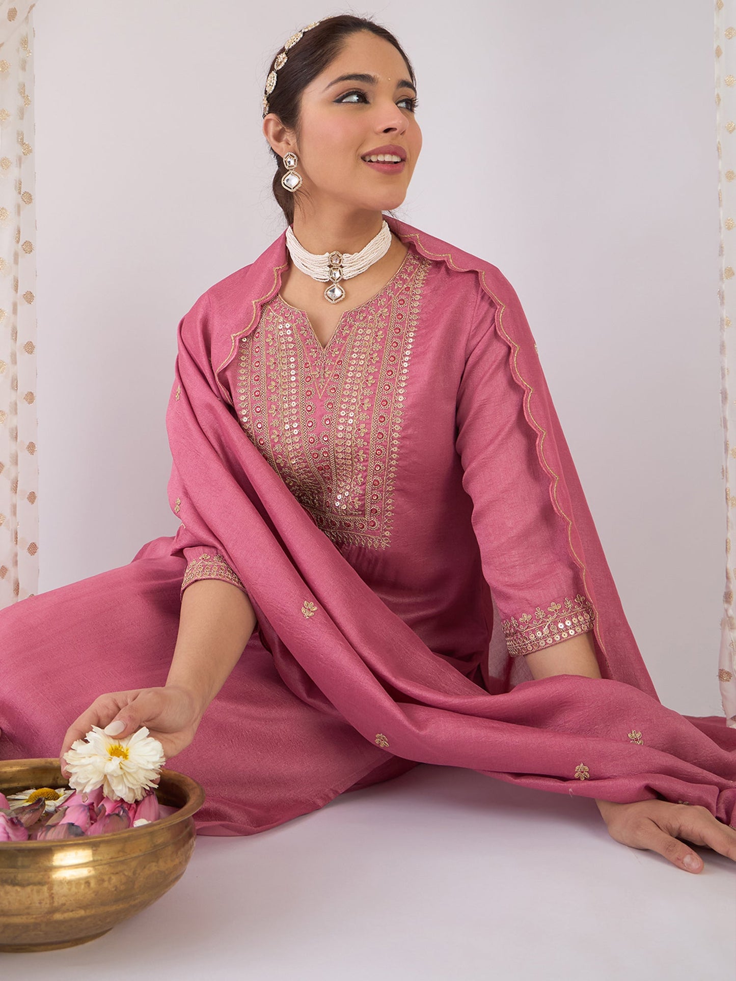 Mauve Embroidered Straight Kurta Trousers With Dupatta Set