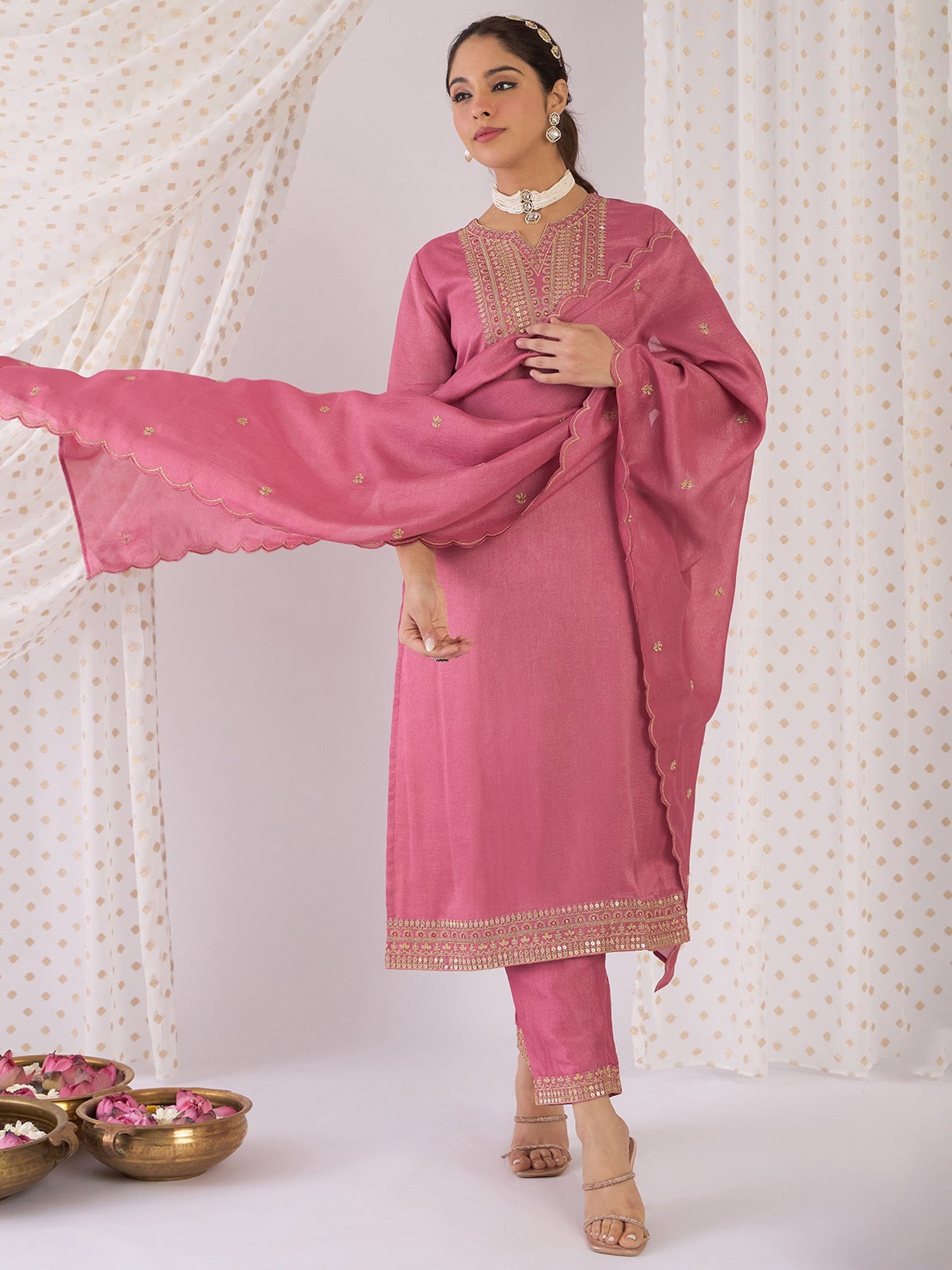 Mauve Embroidered Straight Kurta Trousers With Dupatta Set