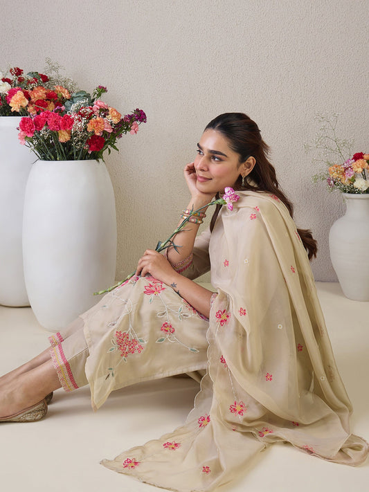 Beige Embroidered Straight Kurta Trousers With Dupatta Set