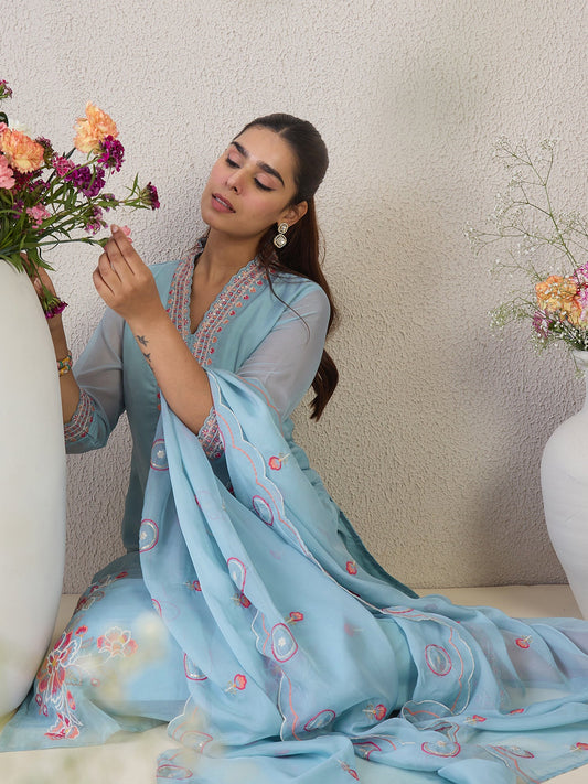 Blue Embroidered Straight Kurta Trousers With Dupatta Set