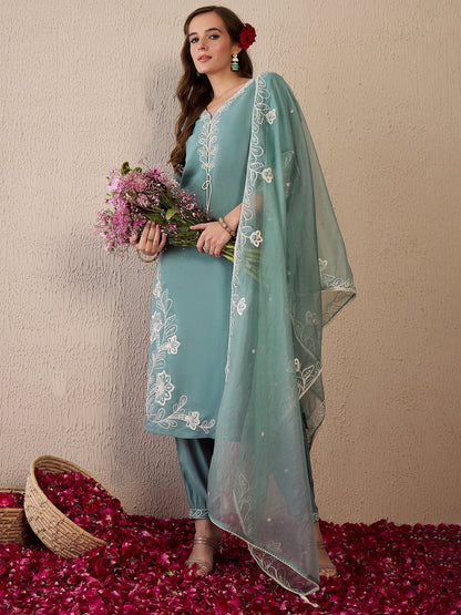 Indo Era Green Embroidered Straight Kurta Trousers With Dupatta Set