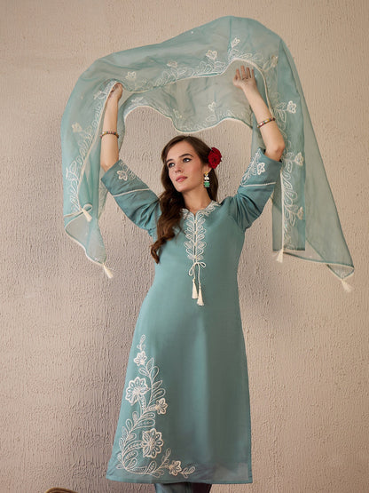 Indo Era Green Embroidered Straight Kurta Trousers With Dupatta Set