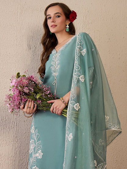 Indo Era Green Embroidered Straight Kurta Trousers With Dupatta Set
