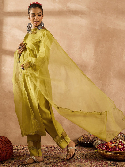 Green Embroidered Straight Kurta Trousers With Dupatta Set
