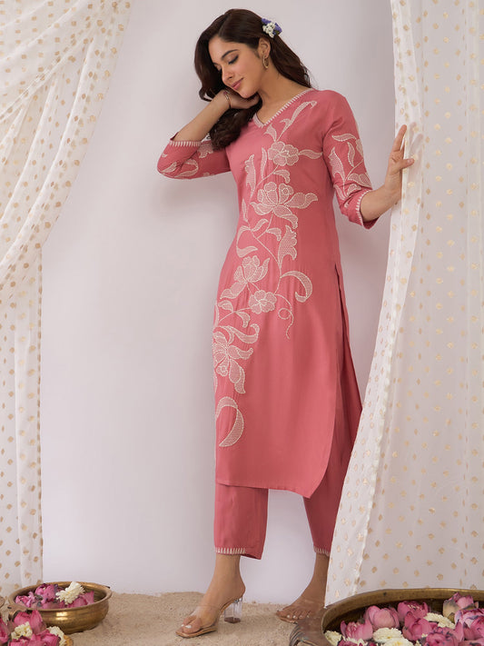 Mauve Embroidered Straight Kurta Trousers Set