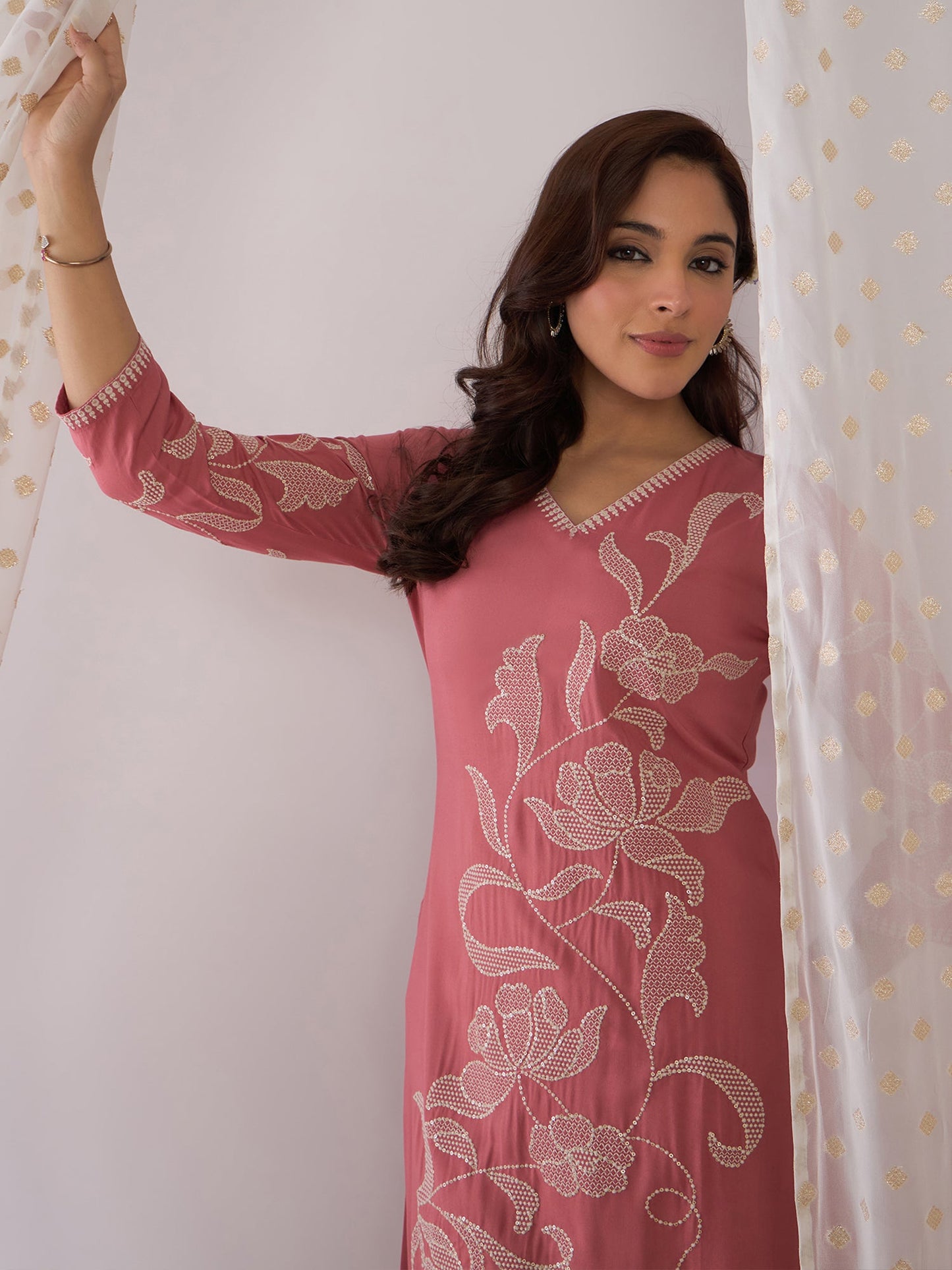 Mauve Embroidered Straight Kurta Trousers Set