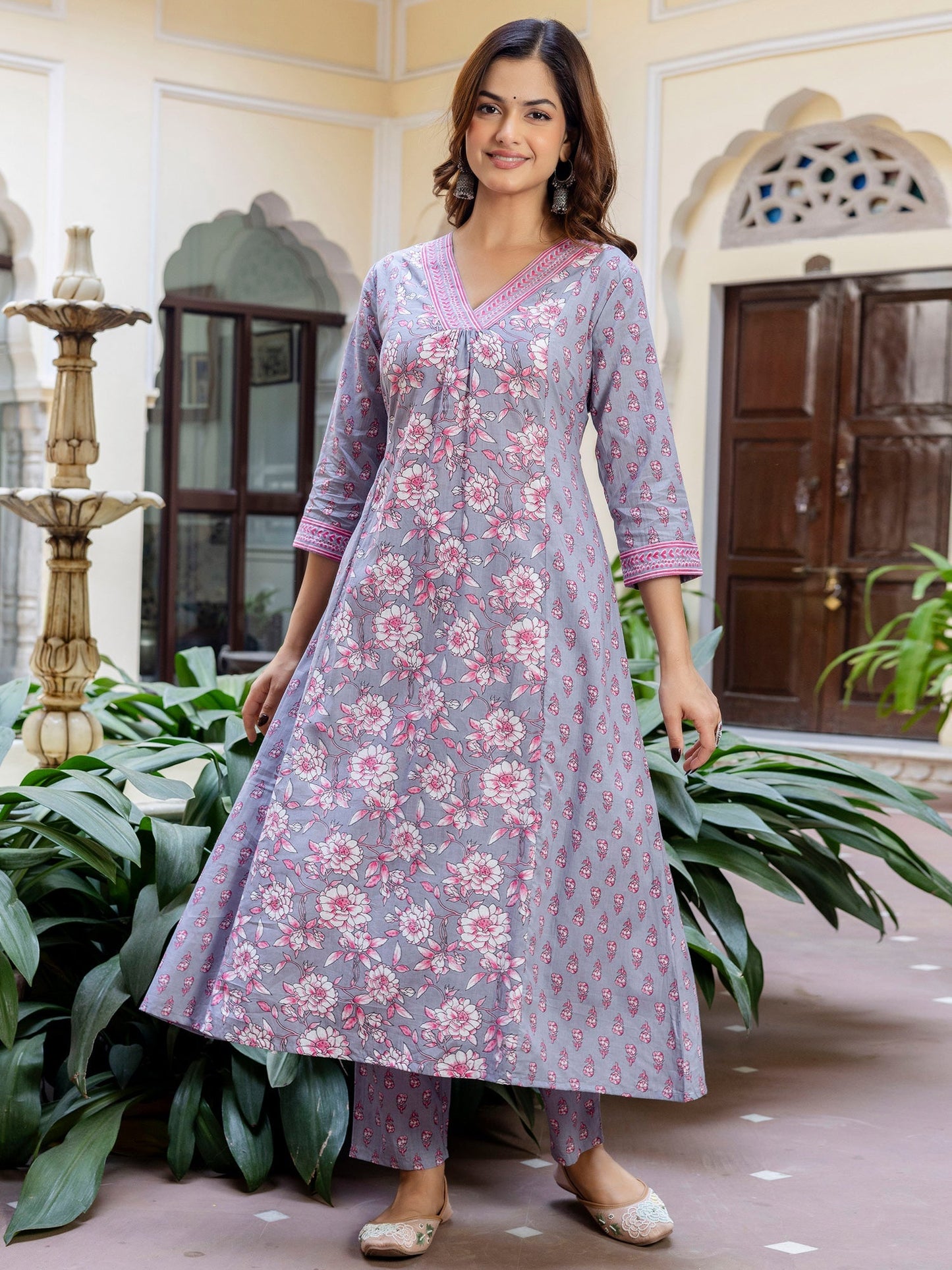Grey Printed A-Line Kurta Trousers With Dupatta Set