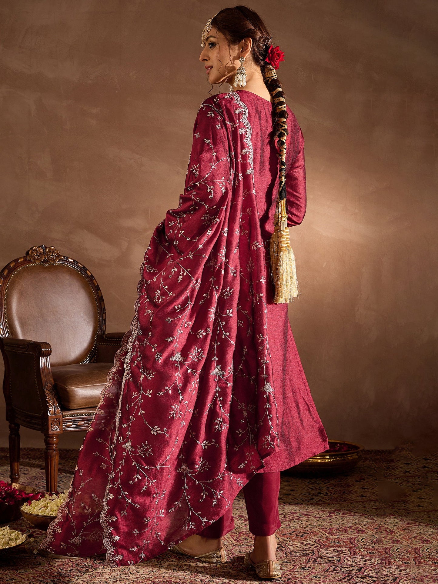 Maroon Embroidered Straight Kurta Trousers With Dupatta Set
