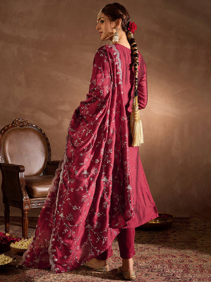 Maroon Embroidered Straight Kurta Trousers With Dupatta Set