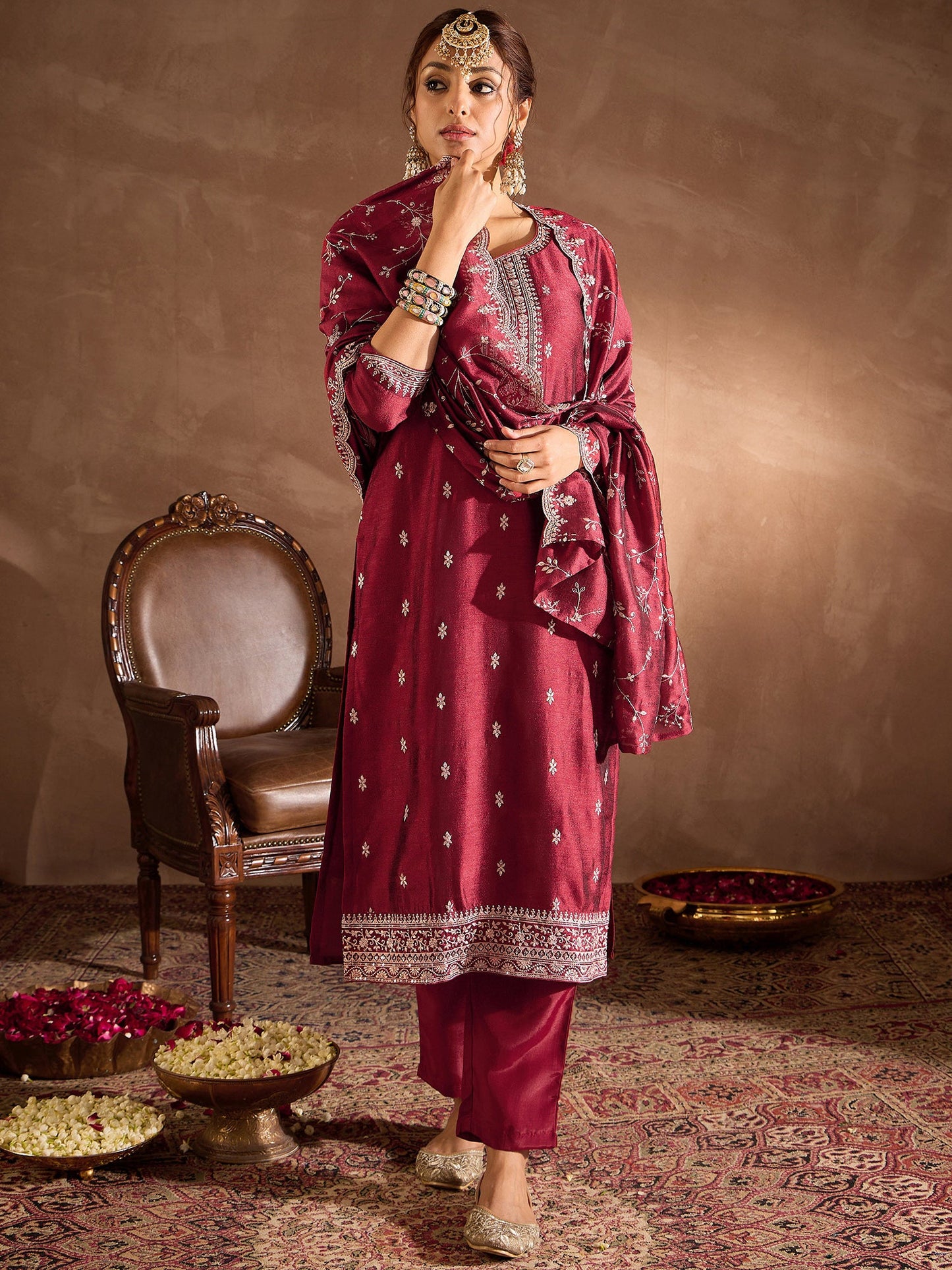 Maroon Embroidered Straight Kurta Trousers With Dupatta Set