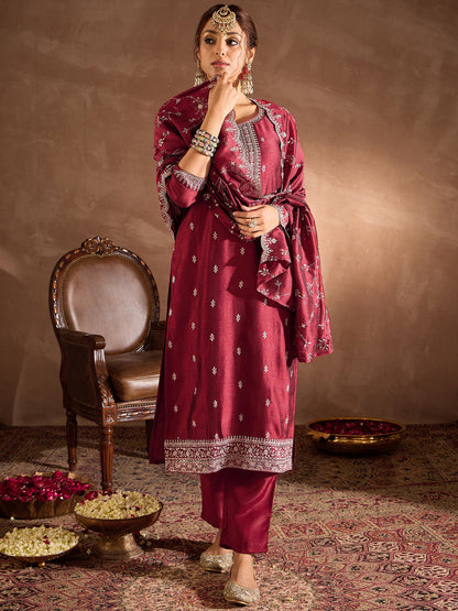 Maroon Embroidered Straight Kurta Trousers With Dupatta Set