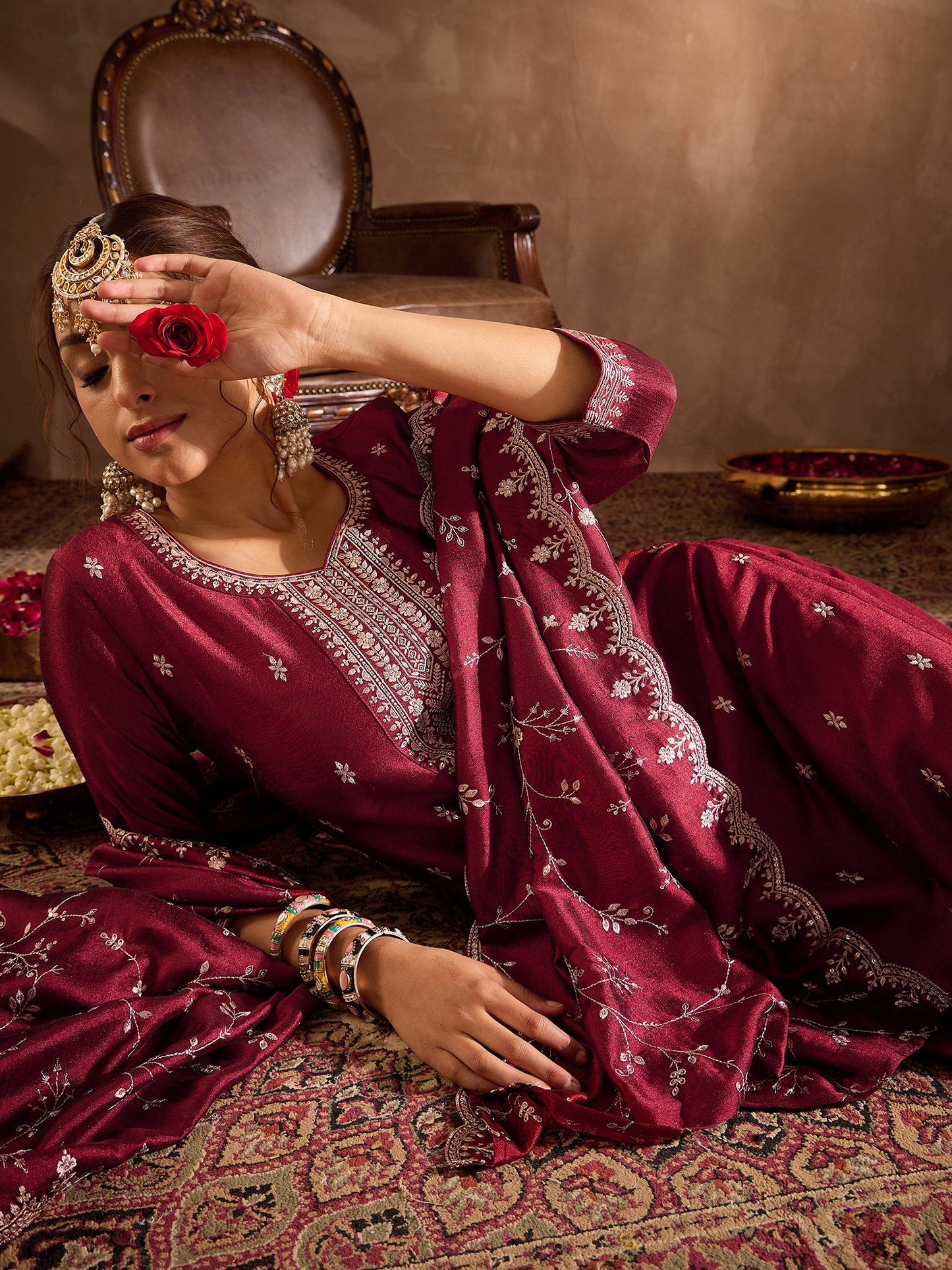 Maroon Embroidered Straight Kurta Trousers With Dupatta Set