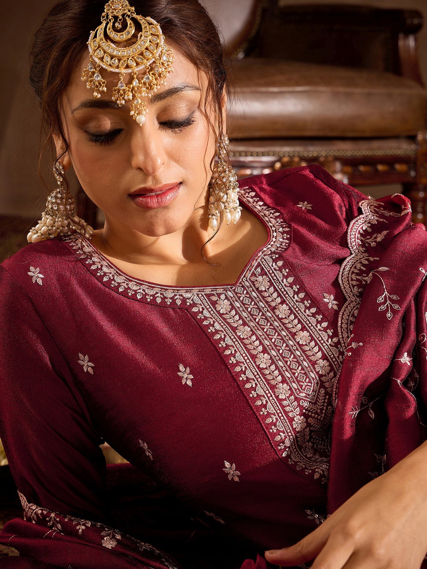 Maroon Embroidered Straight Kurta Trousers With Dupatta Set
