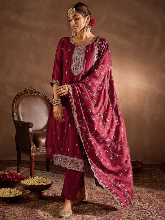 Maroon Embroidered Straight Kurta Trousers With Dupatta Set