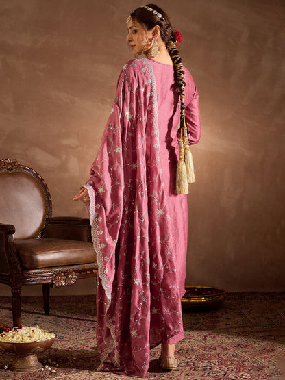 Mauve Embroidered Straight Kurta Trousers With Dupatta Set