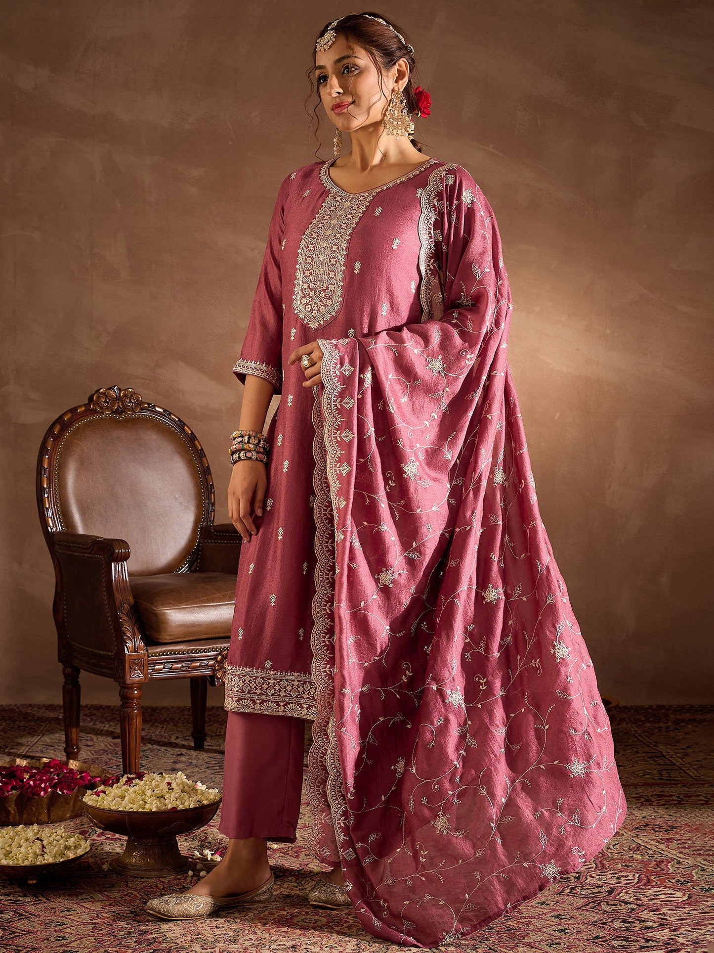 Mauve Embroidered Straight Kurta Trousers With Dupatta Set