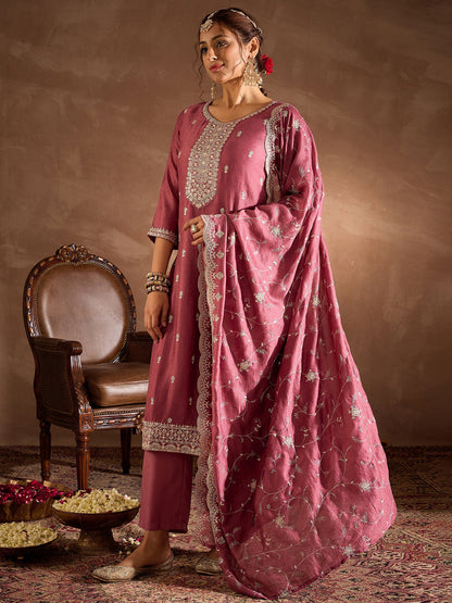 Mauve Embroidered Straight Kurta Trousers With Dupatta Set