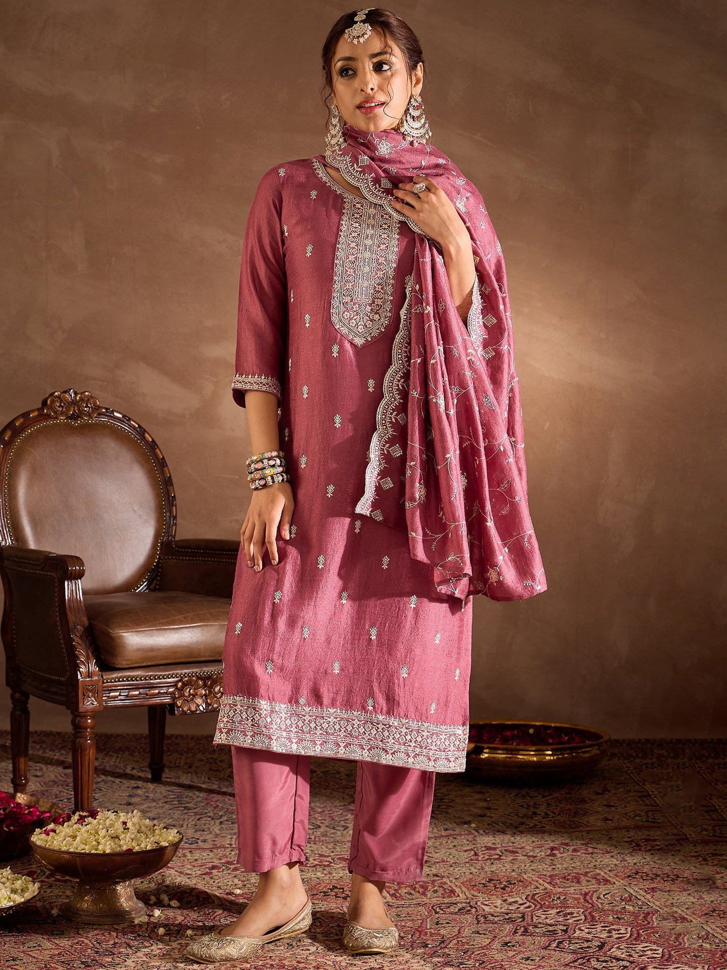 Mauve Embroidered Straight Kurta Trousers With Dupatta Set