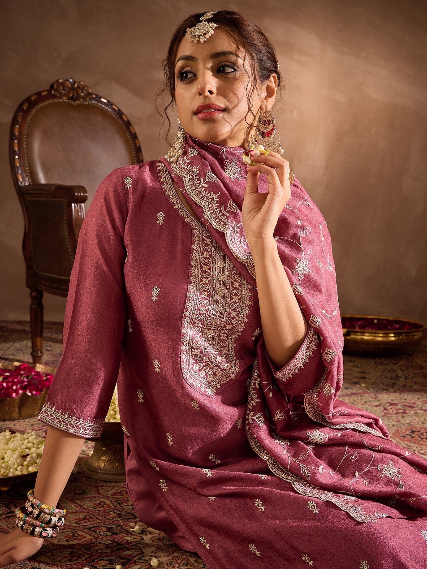 Mauve Embroidered Straight Kurta Trousers With Dupatta Set