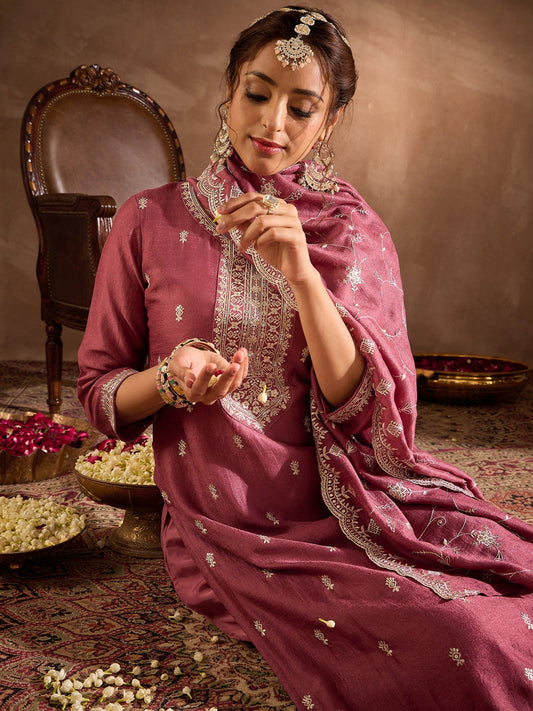 Mauve Embroidered Straight Kurta Trousers With Dupatta Set
