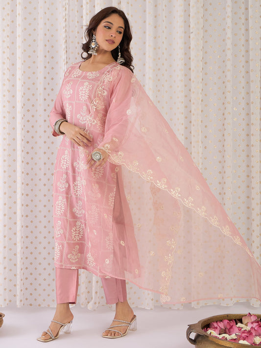 Mauve Embroidered Straight Kurta Trousers With Dupatta Set