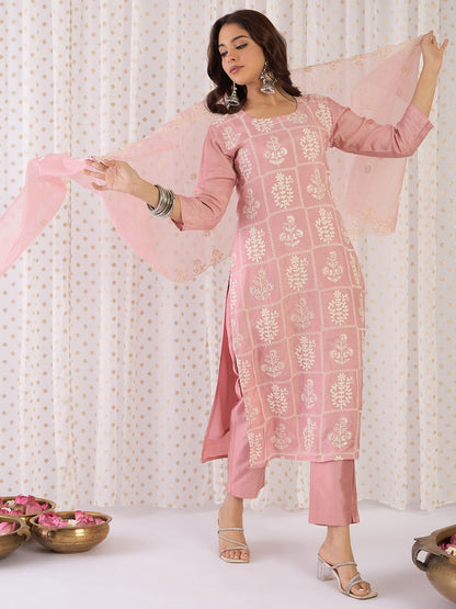 Mauve Embroidered Straight Kurta Trousers With Dupatta Set