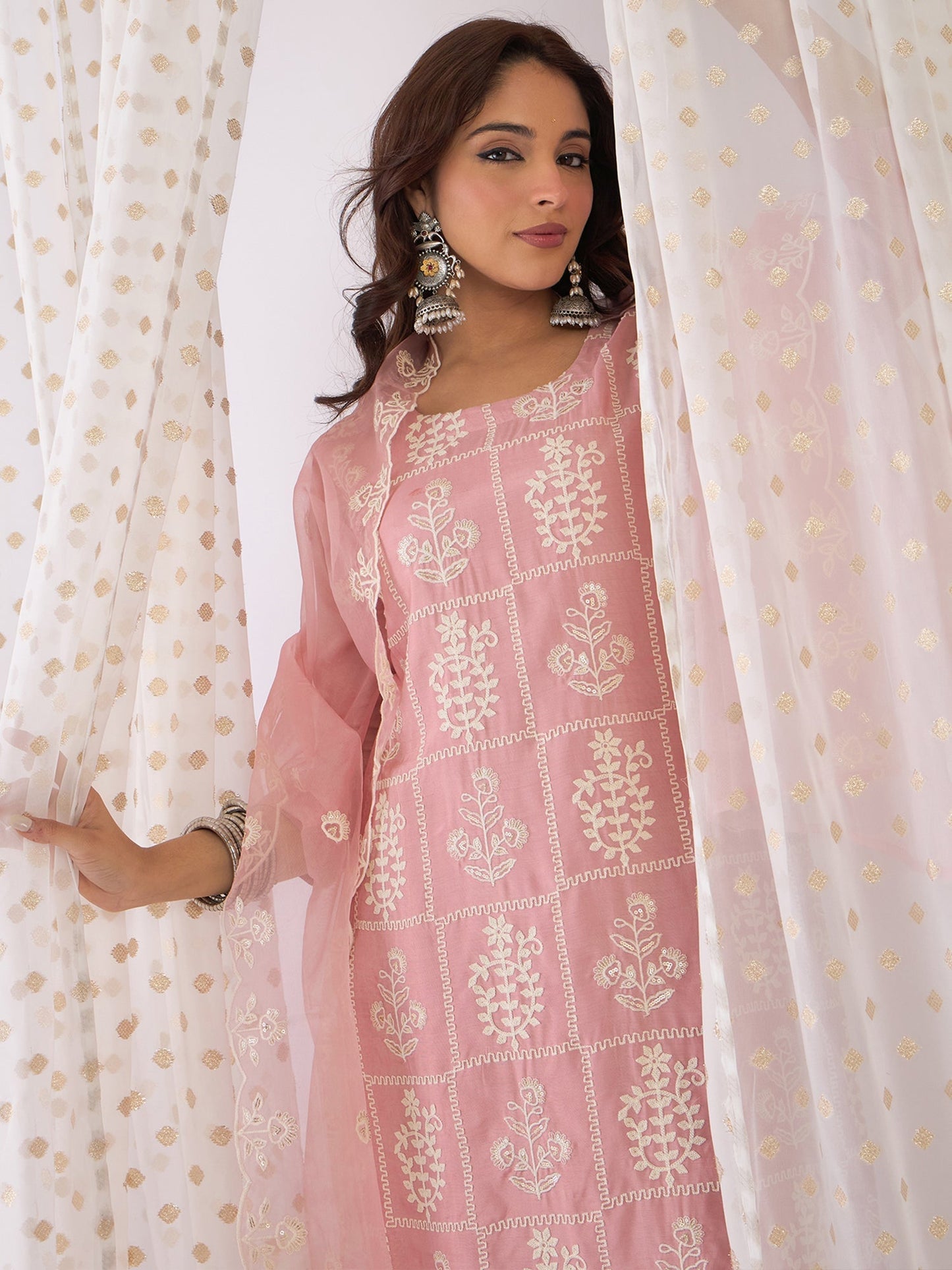 Mauve Embroidered Straight Kurta Trousers With Dupatta Set