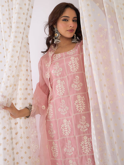 Mauve Embroidered Straight Kurta Trousers With Dupatta Set