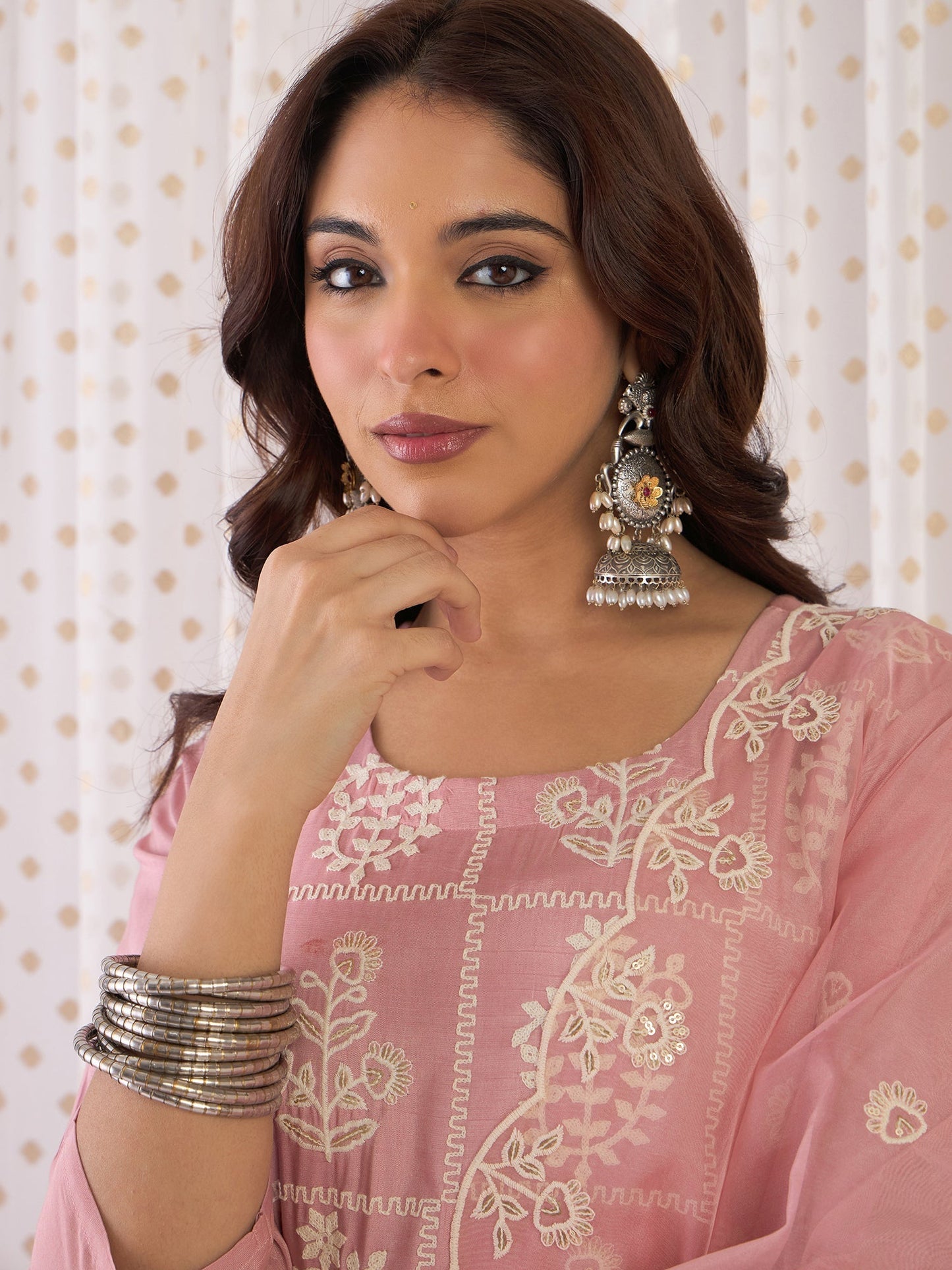 Mauve Embroidered Straight Kurta Trousers With Dupatta Set