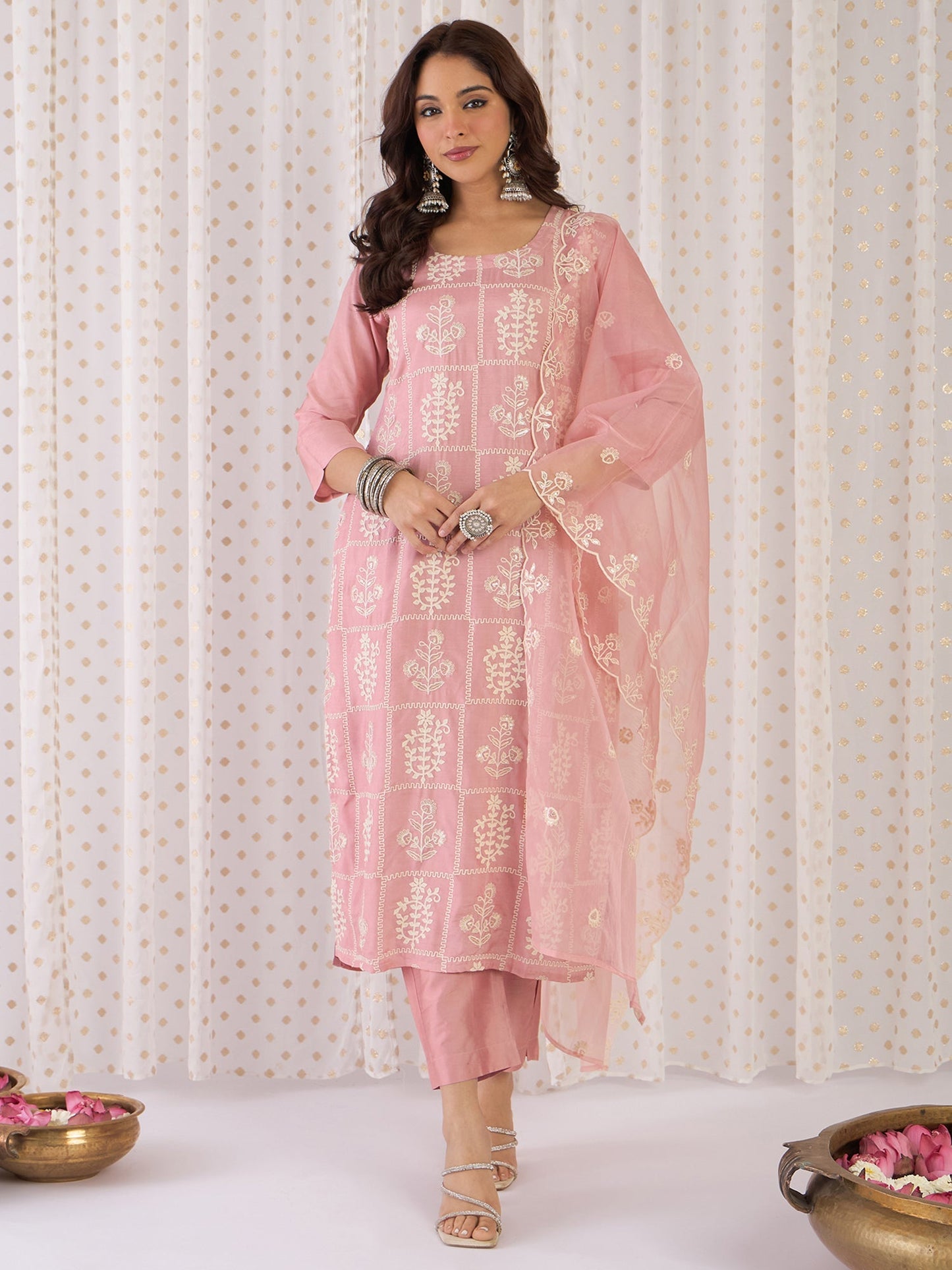Mauve Embroidered Straight Kurta Trousers With Dupatta Set