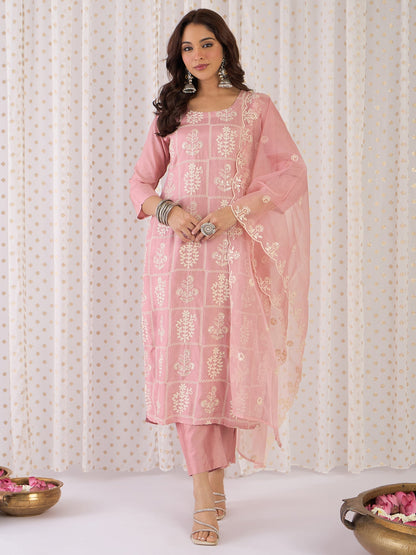 Mauve Embroidered Straight Kurta Trousers With Dupatta Set