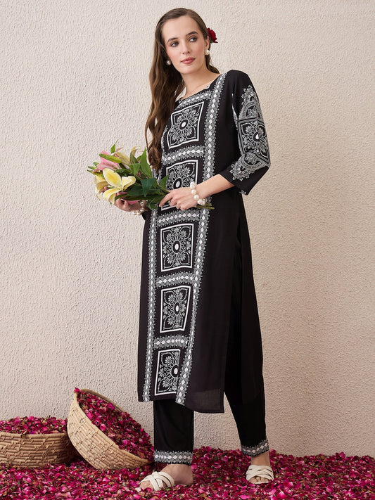 Black Printed Straight Kurta Trousers  Set