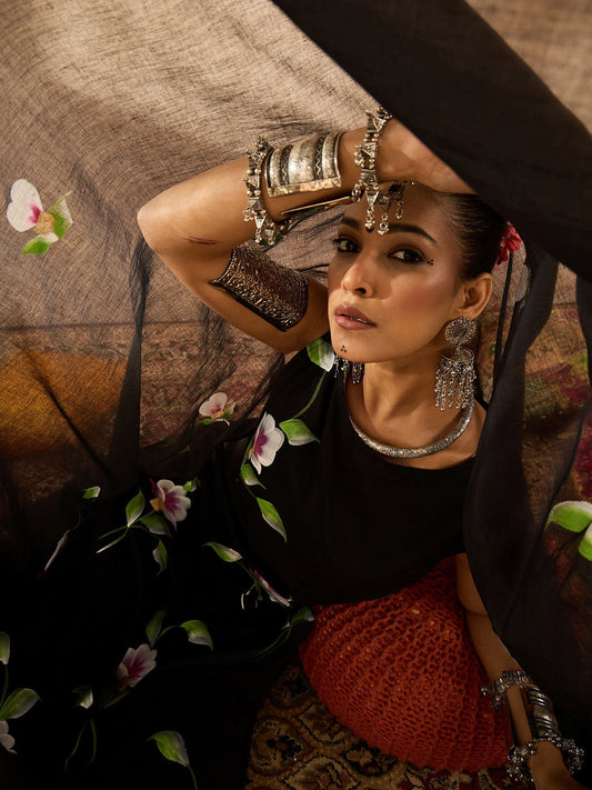 Black Printed Straight Kurta Trousers With Dupatta Set
