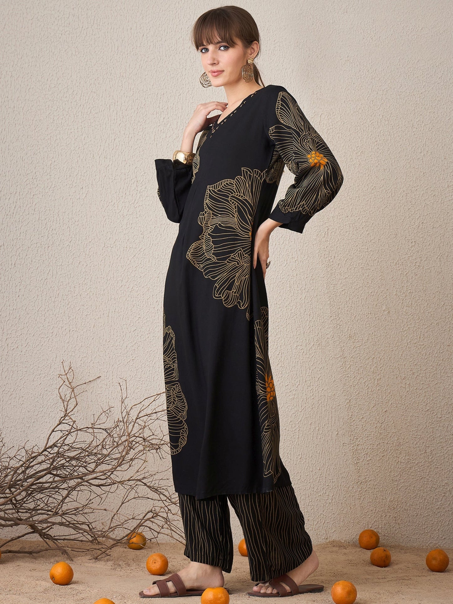 Black Printed Straight Kurta Trousers set