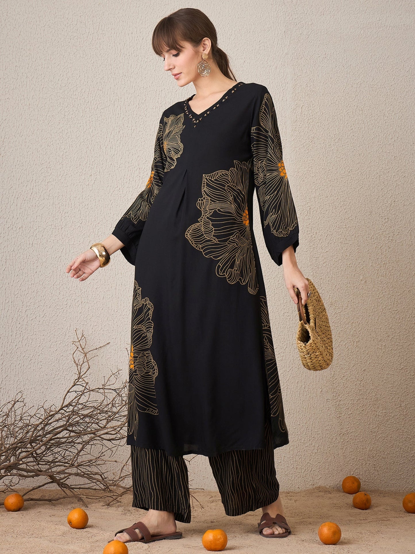Black Printed Straight Kurta Trousers set