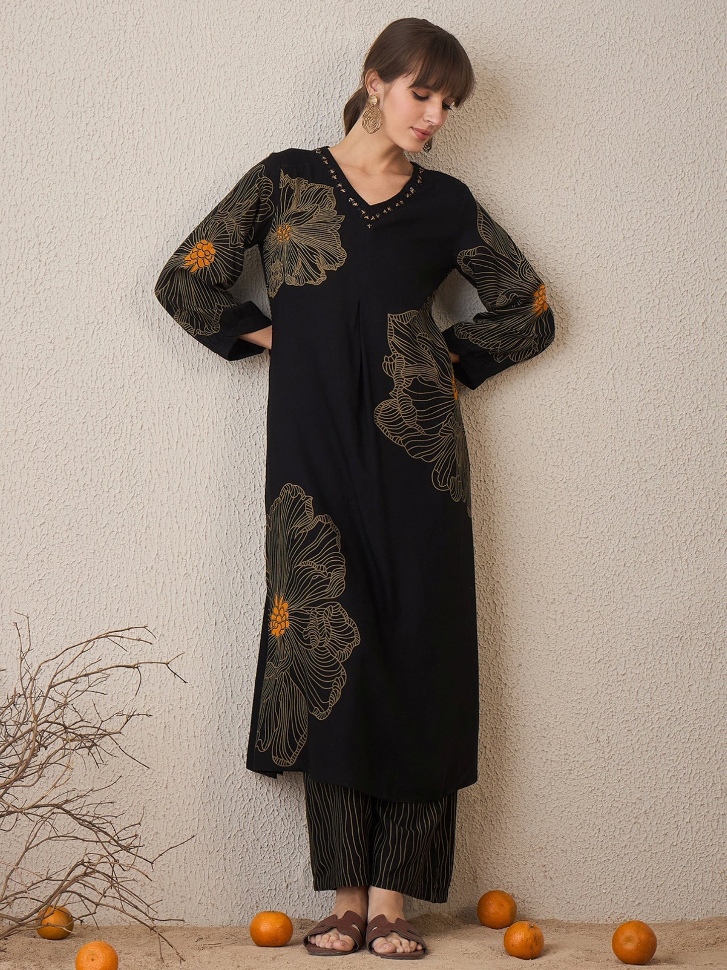 Black Printed Straight Kurta Trousers set