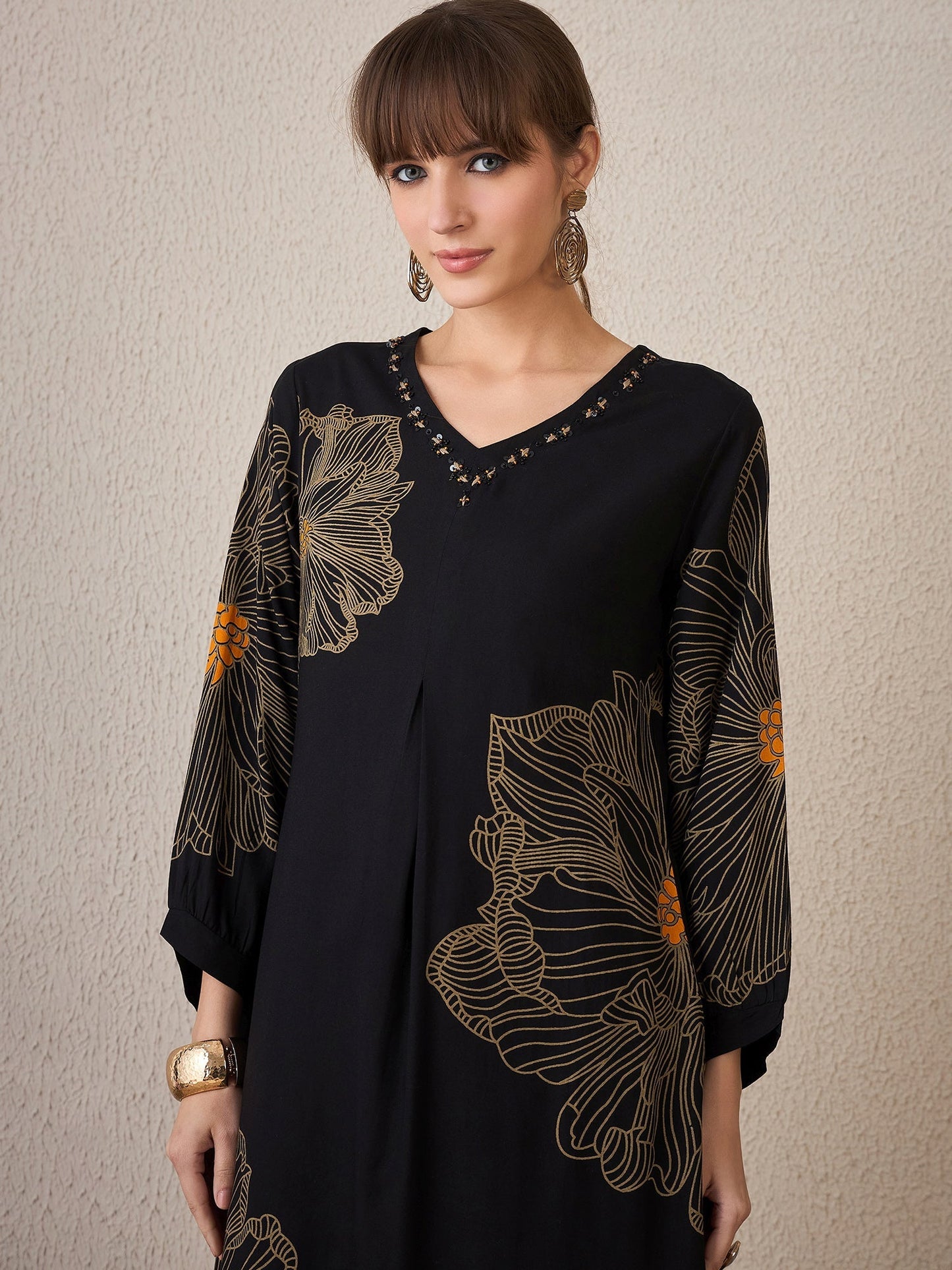 Black Printed Straight Kurta Trousers set