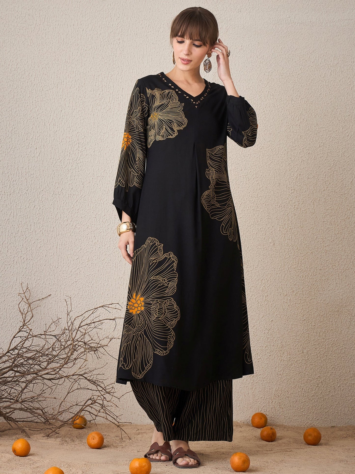 Black Printed Straight Kurta Trousers set