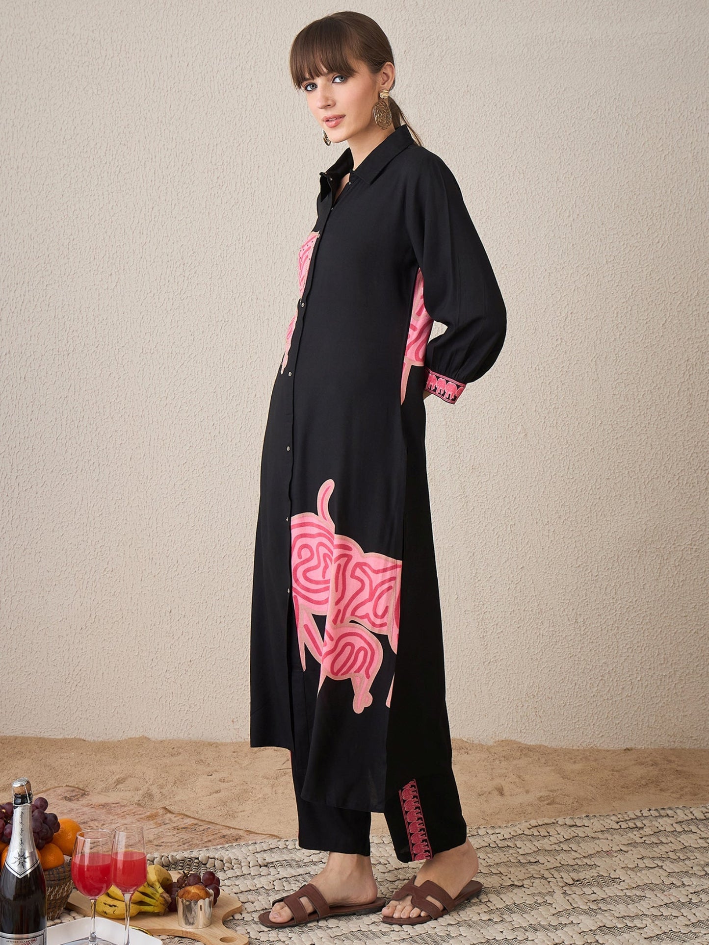Black Printed Straight Kurta Trousers set