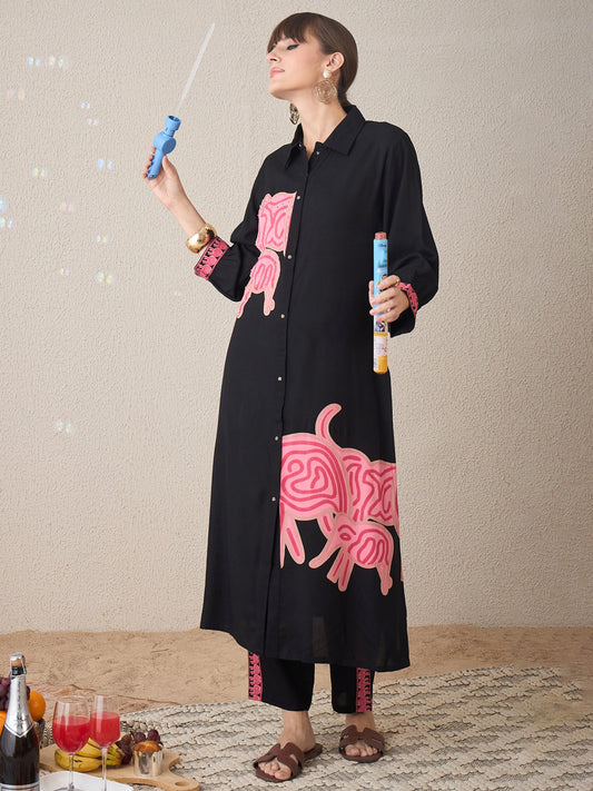 Black Printed Straight Kurta Trousers set