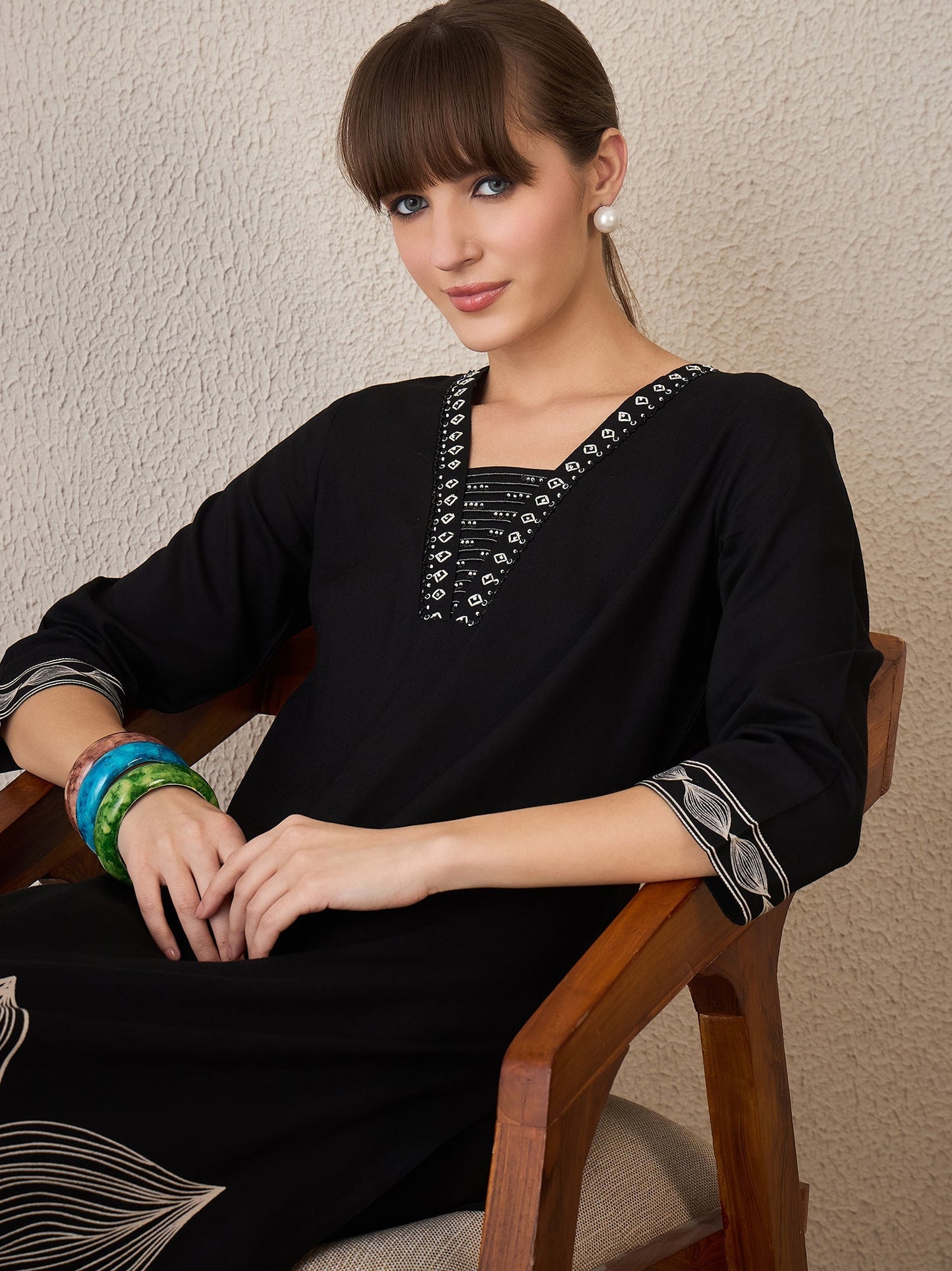 Black Printed Straight Kurta Trousers Set