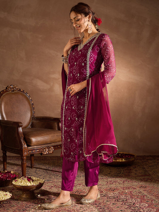 Burgundy Embroidered Straight Kurta Trousers With Dupatta Set