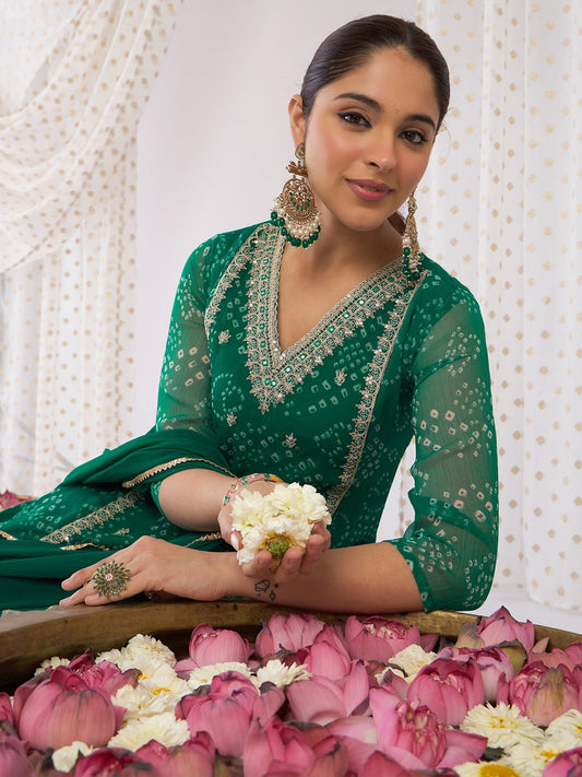 Green Embroidered Straight Kurta Trousers With Dupatta Set