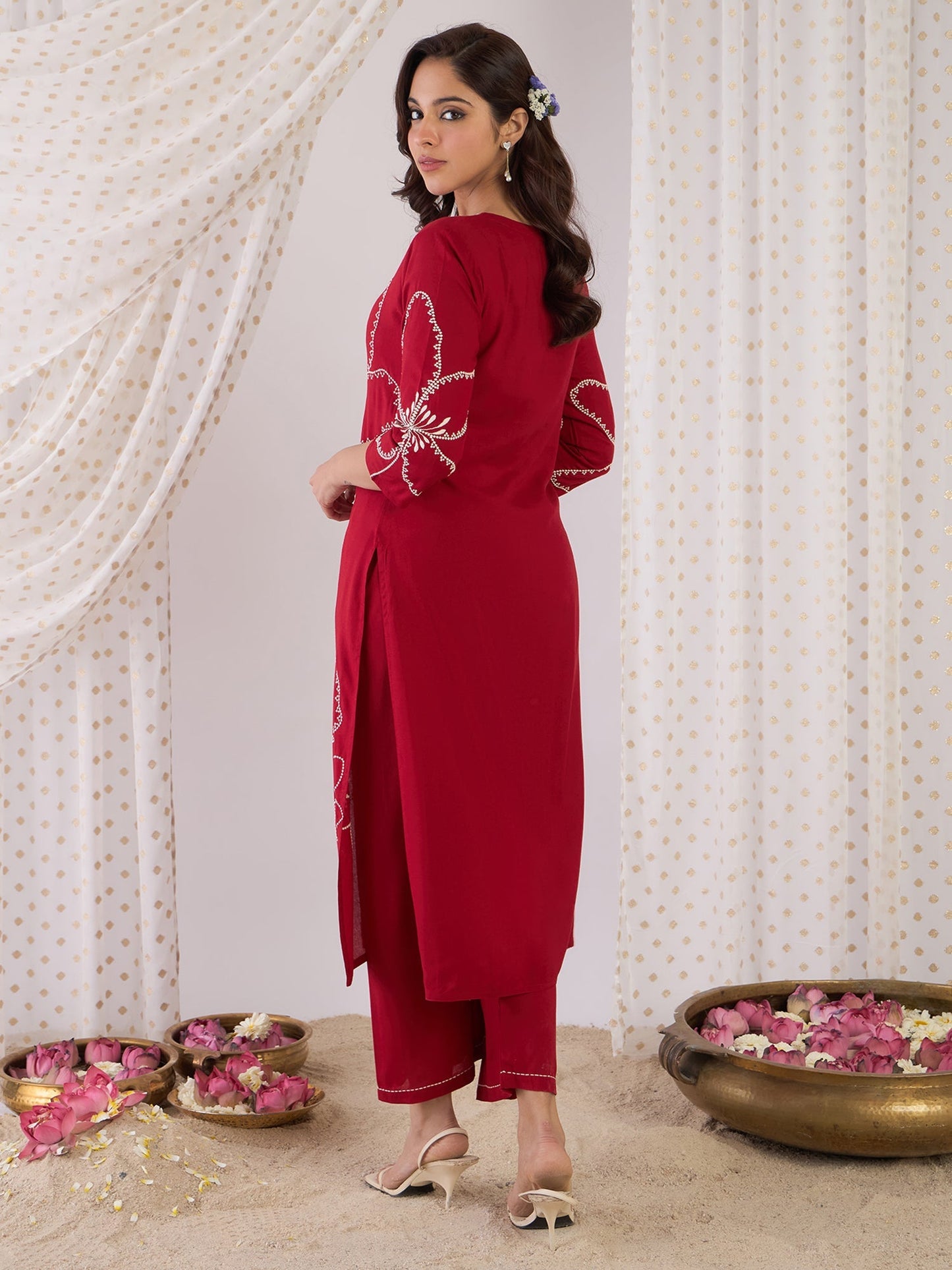 Maroon Embroidered Straight Kurta Palazzos  Set