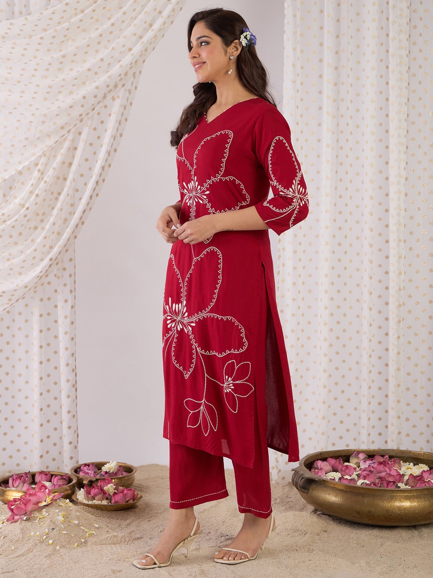 Maroon Embroidered Straight Kurta Palazzos  Set