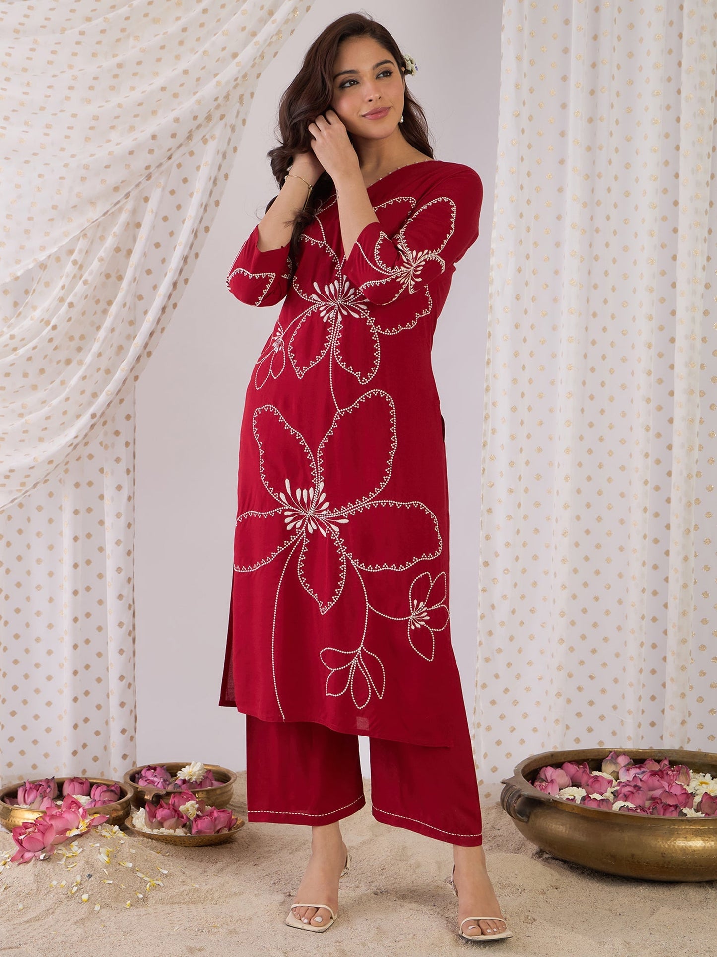 Maroon Embroidered Straight Kurta Palazzos  Set
